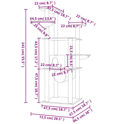 Kattemøbel Kattetre med klorestolper i sisal lysegrå 141 cm