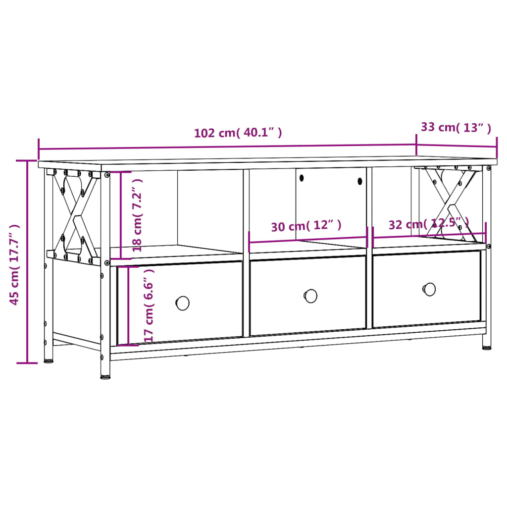 TV-benk sonoma eik 102x33x45 cm konstruert tre og jern