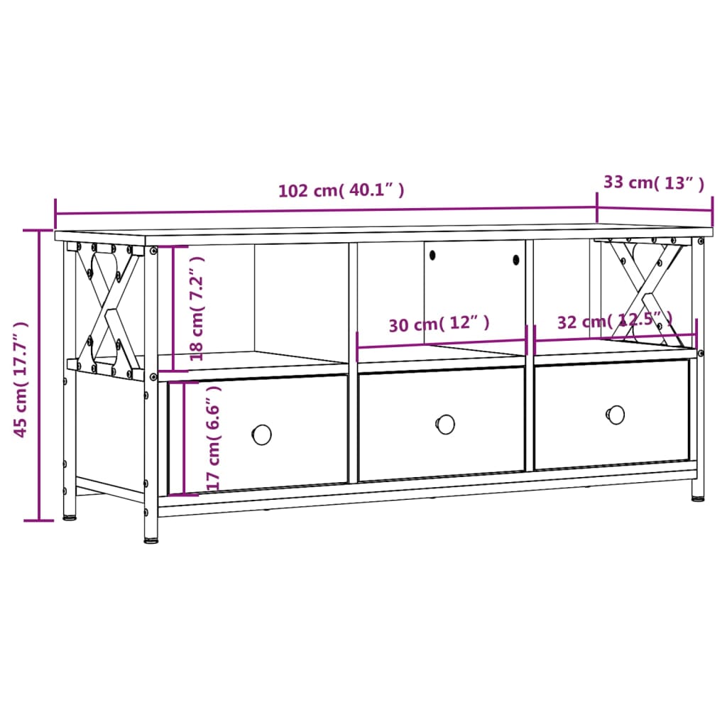 TV-benk brun eik 102x33x45 cm konstruert tre og jern