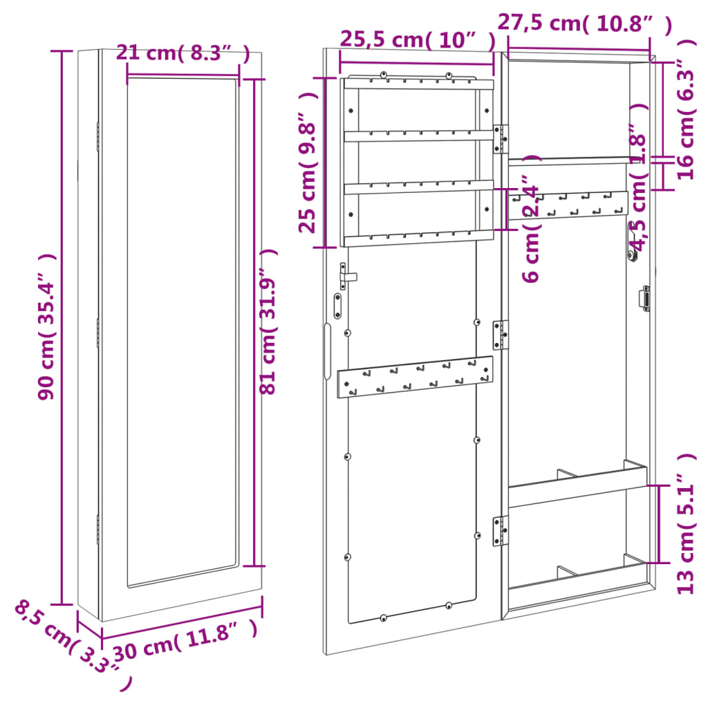 Smykkeskap vegghengt med speil 30x8,5x90 cm