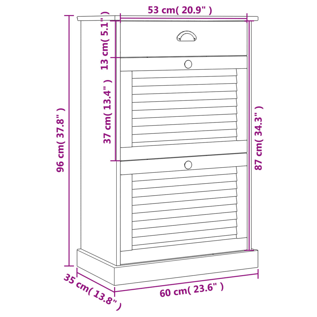 Skoskap Skobenk Skohylle VIGO 60x35x96 cm hvit heltre furu