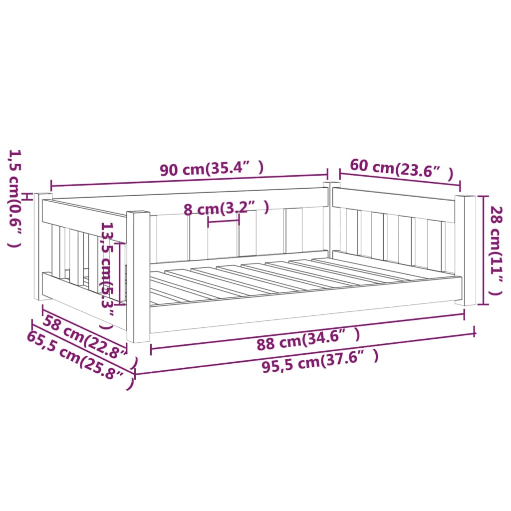 Hundeseng hvit 95,5 x 65,5 x 28 cm heltre furu