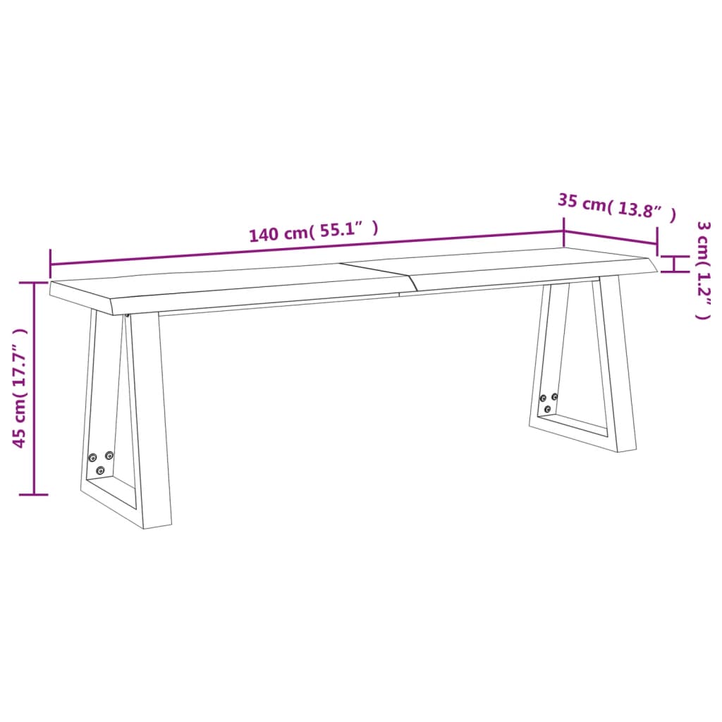 Sittebenk med naturlig kant 140 cm heltre akasie