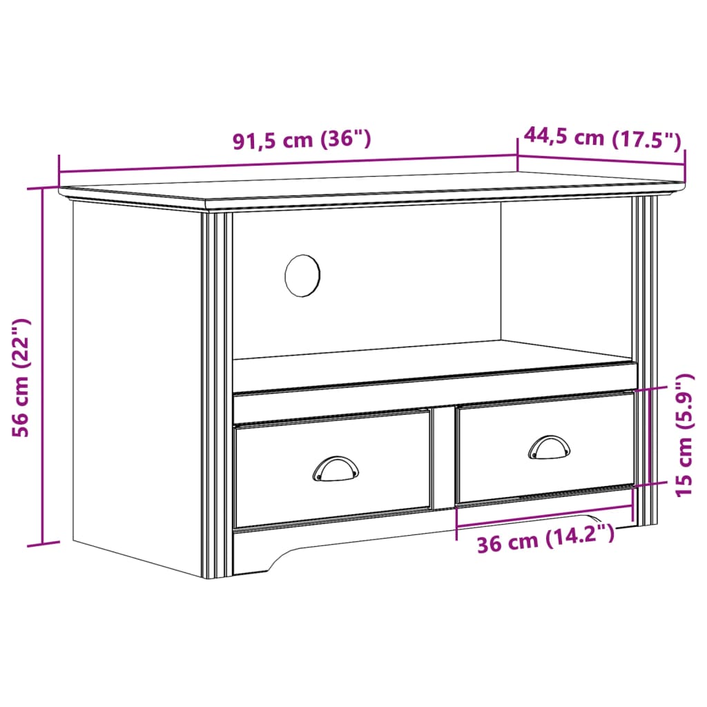 TV-benk med 2 skuffer BODO brun 91,5x44,5x56 cm heltre furu