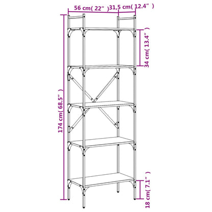 Bokhylle 5 etasjer røkt eik 56x31,5x174 cm konstruert tre