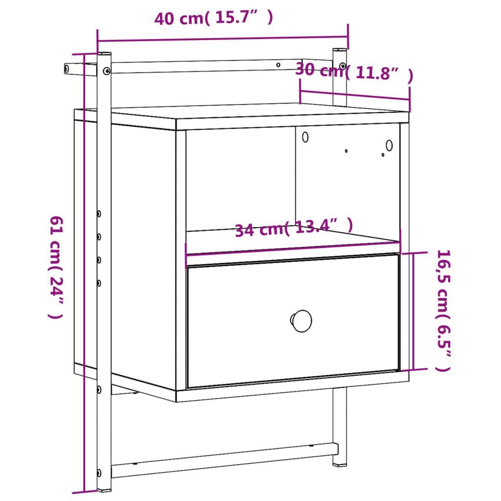 Nattbord Sengbord veggmontert brun eik 40x30x61 cm konstruert tre