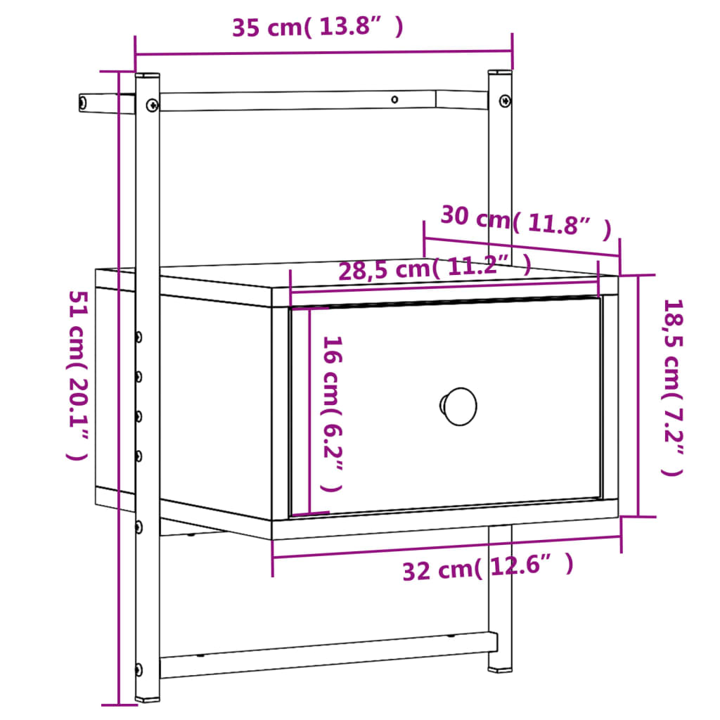 Nattbord Sengbord veggmontert røkt eik 35x30x51 cm konstruert tre