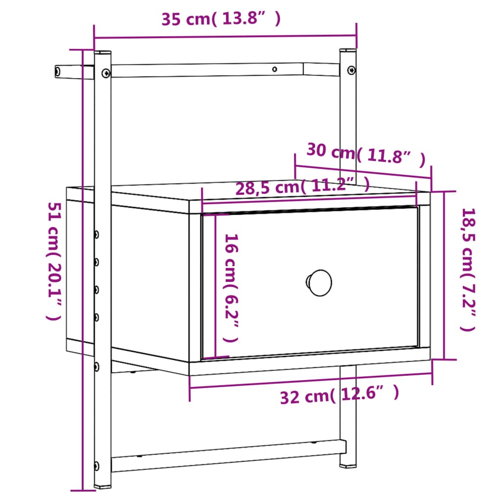 Nattbord Sengbord veggmontert brun eik 35x30x51 cm konstruert tre