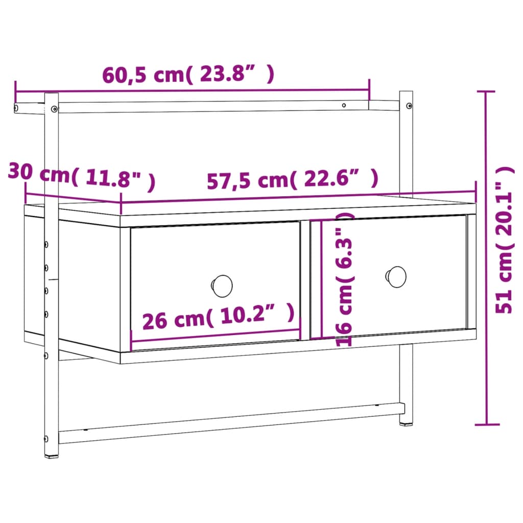 TV-benk veggmontert sonoma eik 60,5x30x51 cm konstruert tre