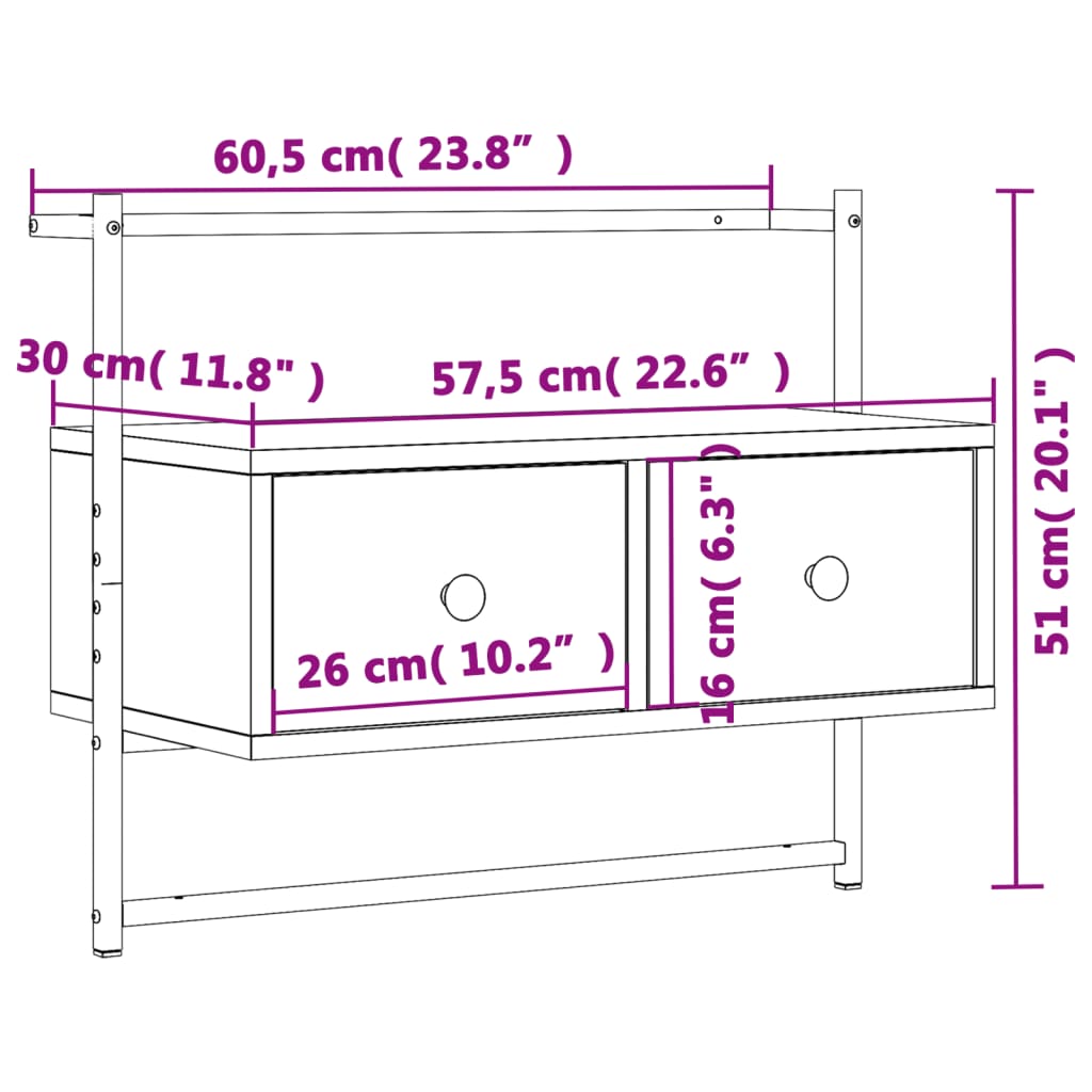 TV-benk veggmontert røkt eik 60,5x30x51 cm konstruert tre