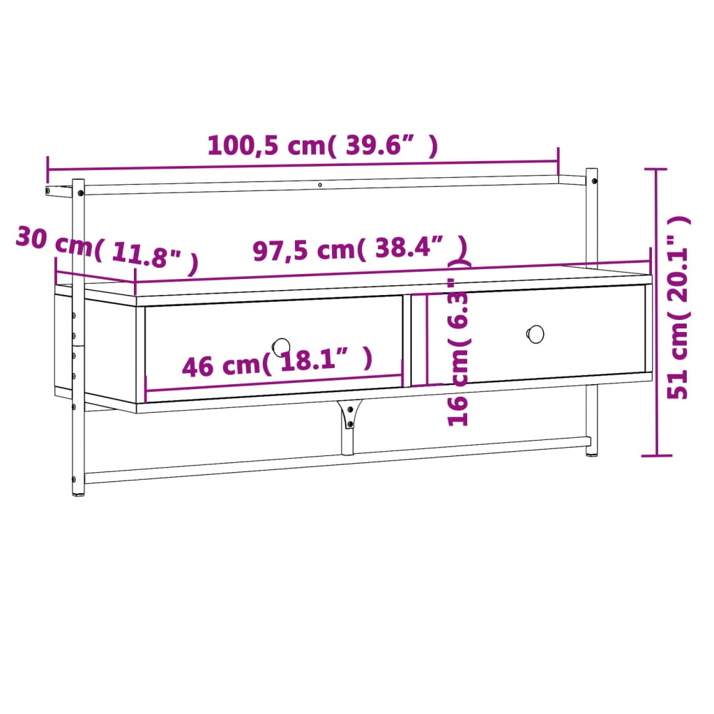 TV-benk veggmontert sonoma eik 100,5x30x51 cm konstruert tre