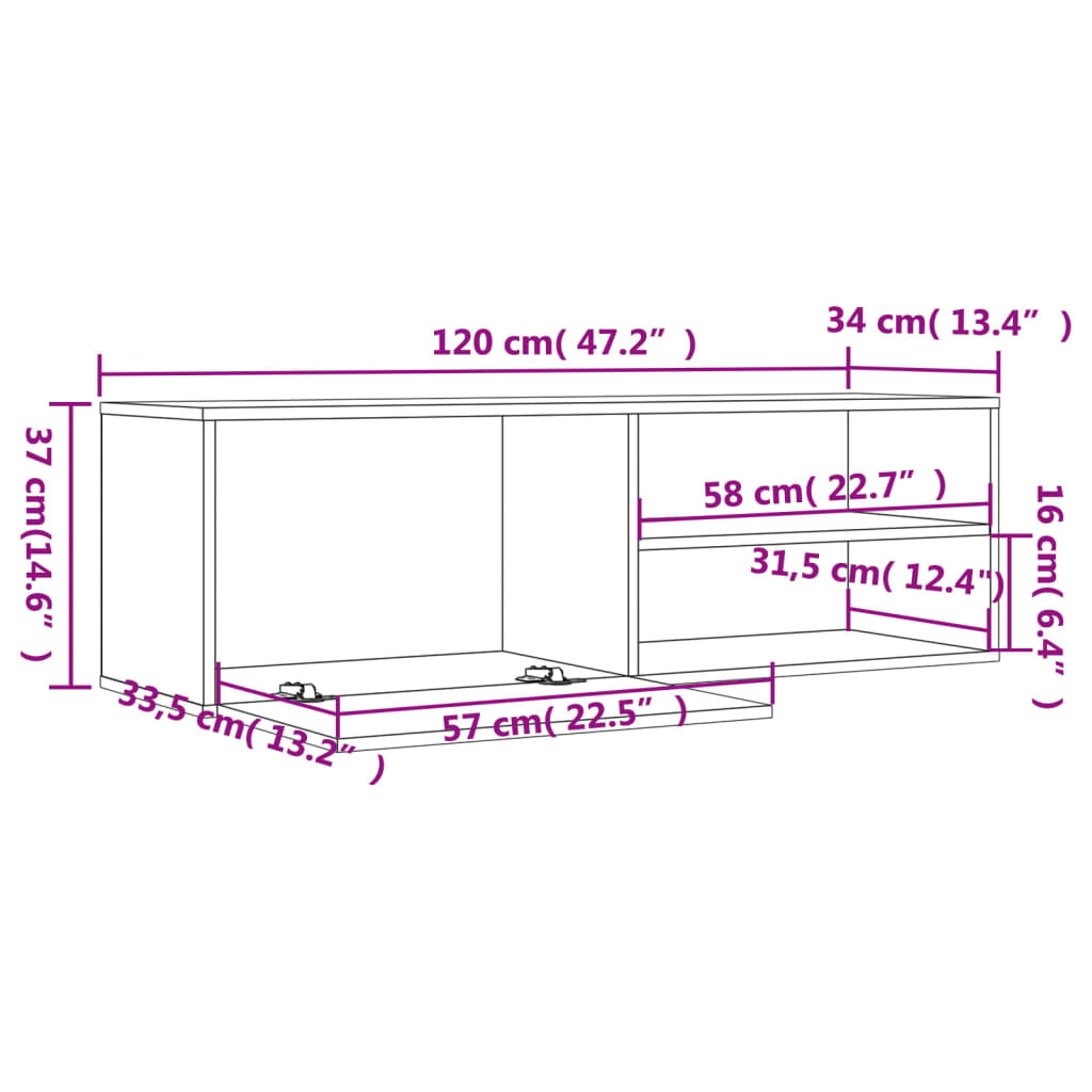 TV-benk brun eik 120x34x37 cm konstruert tre