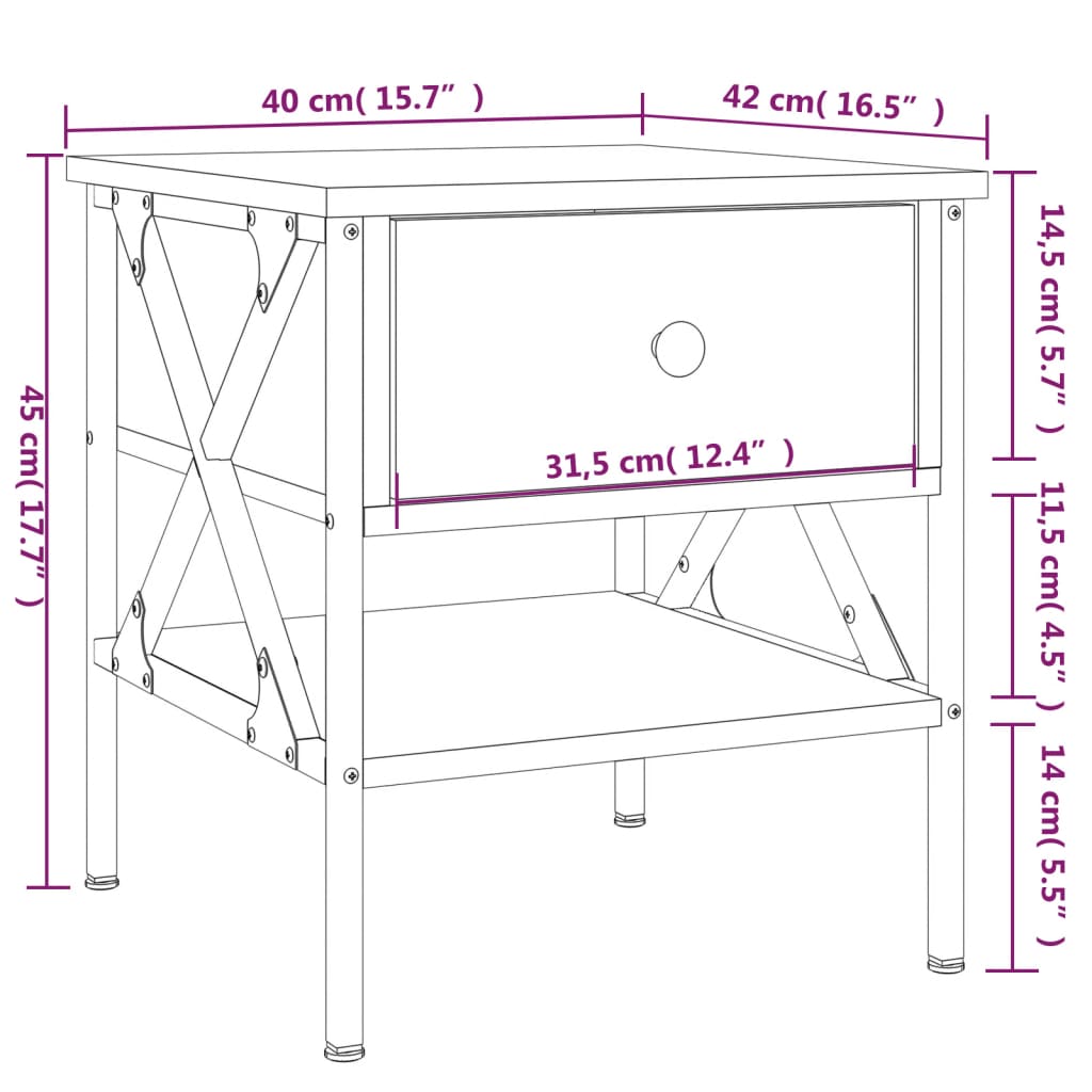 Nattbord Sengbord sonoma eik 40x42x45 cm konstruert tre