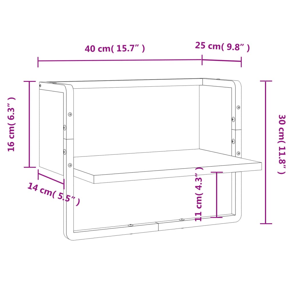 Vegghylle med stang svart 40x25x30 cm