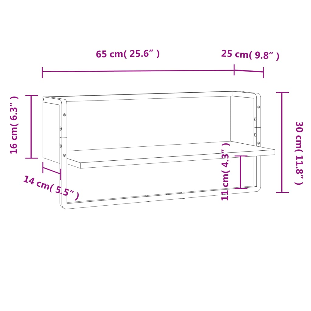 Vegghylle med stang svart 65x25x30 cm