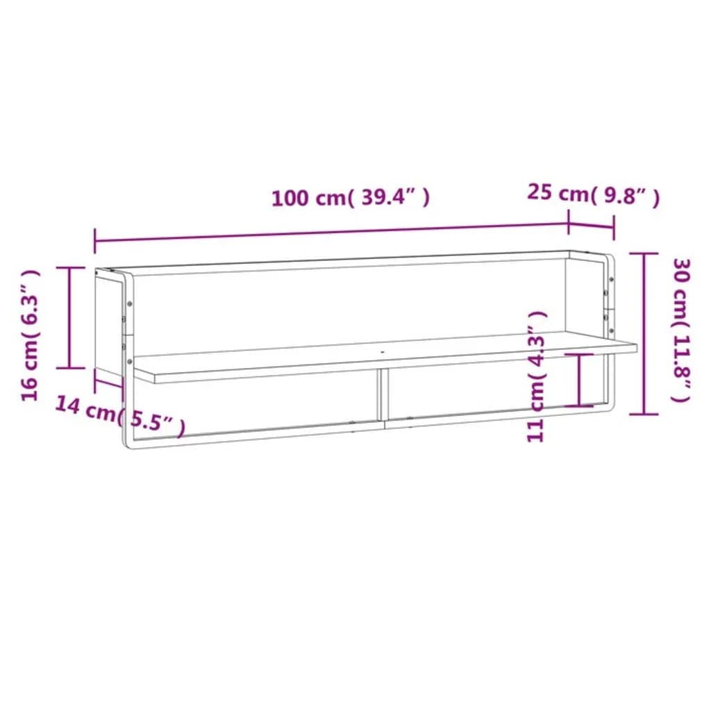 Vegghylle med stang røkt eik 100x25x30 cm