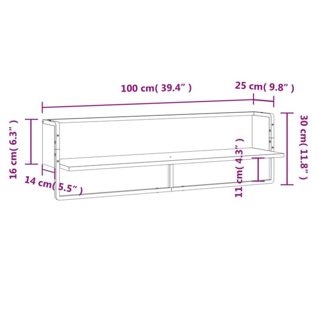 Vegghylle med stang sonoma eik 100x25x30 cm