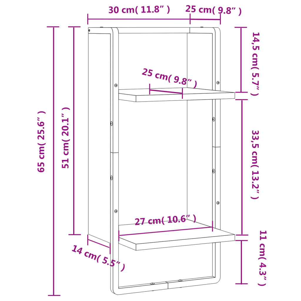 Vegghylle med stang svart 30x25x65 cm