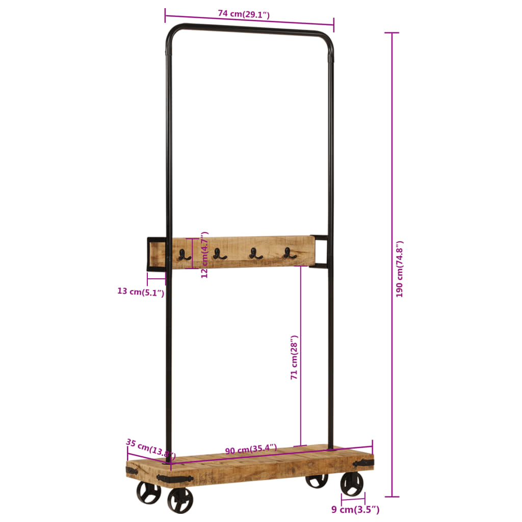 Garderobestativ Klesstativ med hjul 90x35x190 cm heltre mango og jern