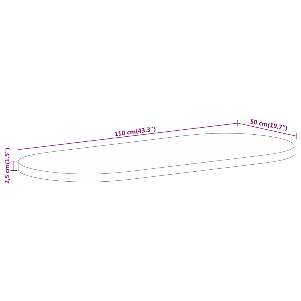 Bordplate 110x50x2,5 cm oval grovt heltre mangotre