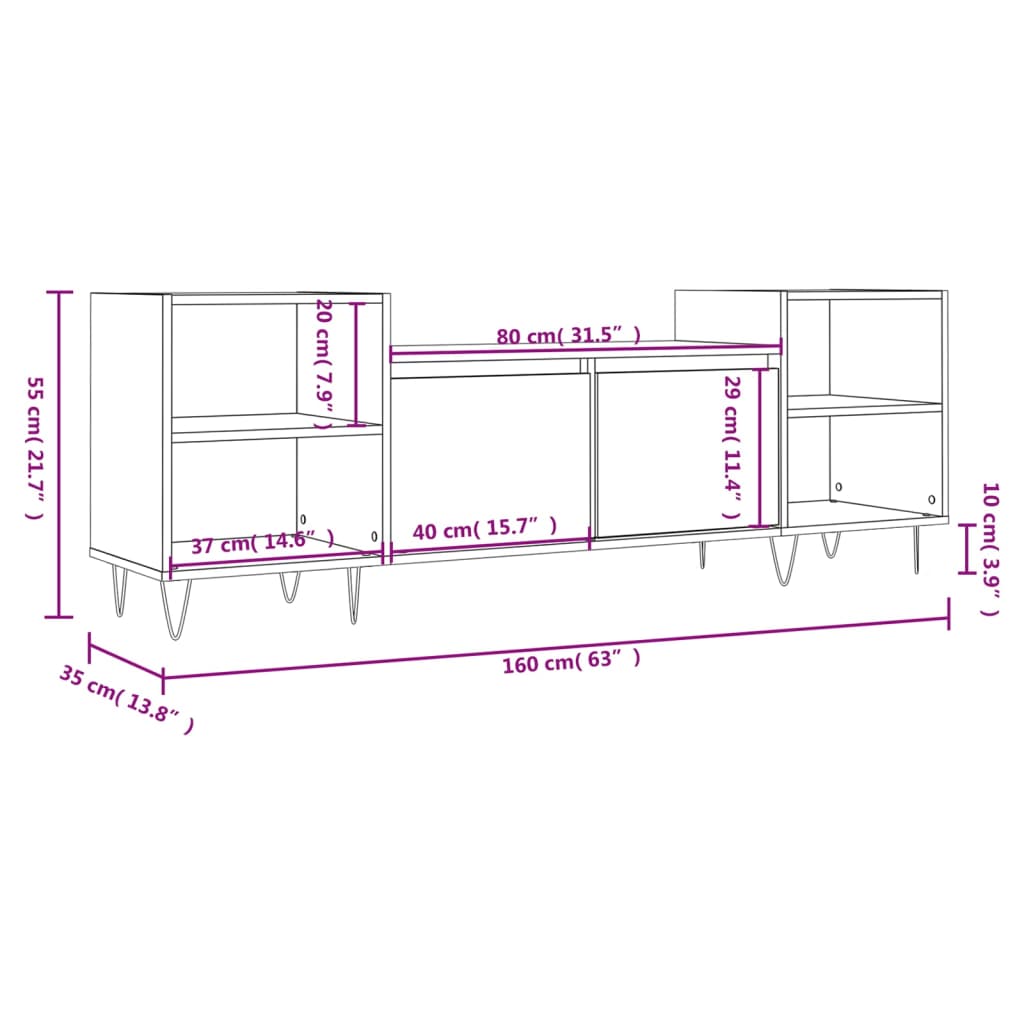 TV-benk brun eik 160x35x55 cm konstruert tre