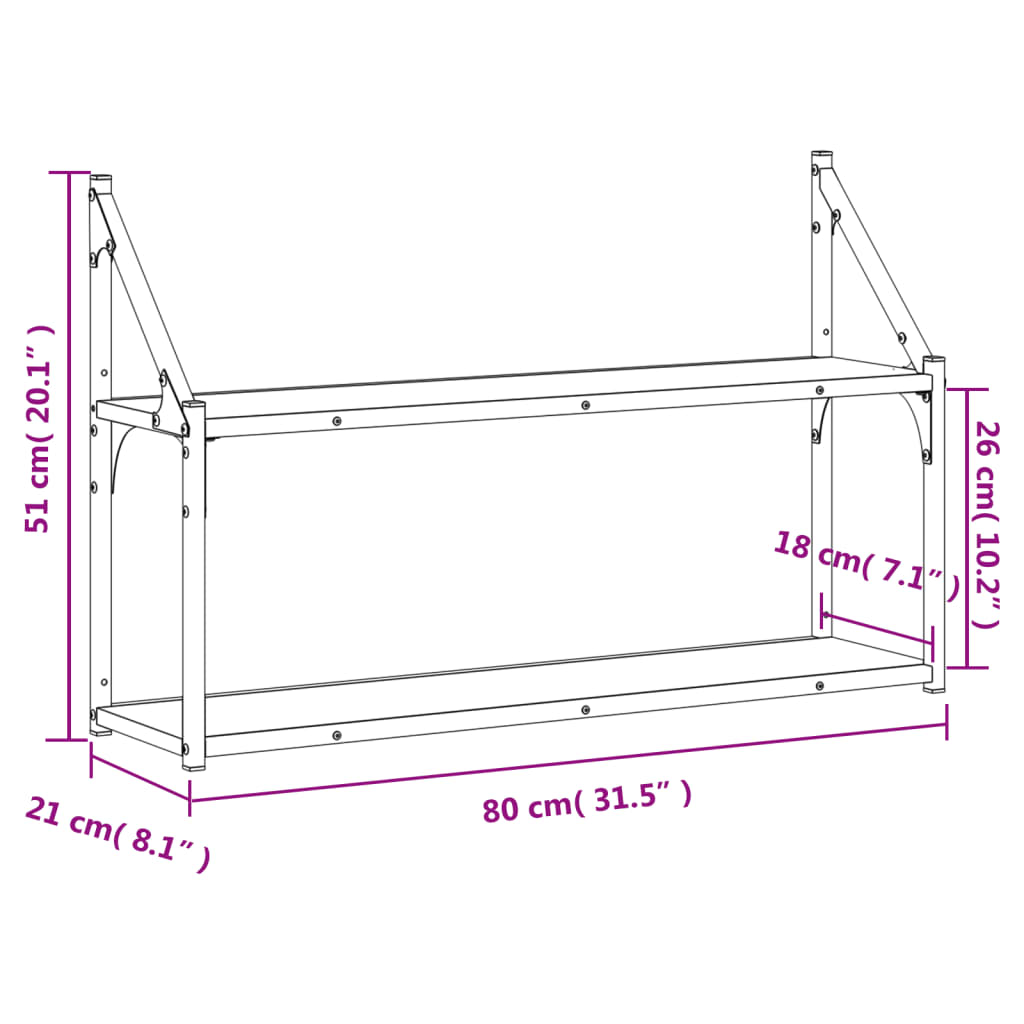 Vegghylle 2 etasjer grå sonoma 80x21x51 cm konstruert tre