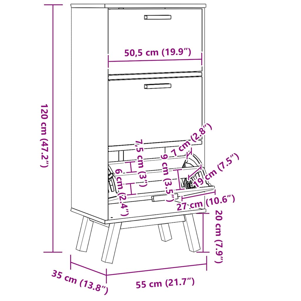 Skoskap Skohylle Skobenk Grå Brun OLDEN 55x35x120 cm heltre furu