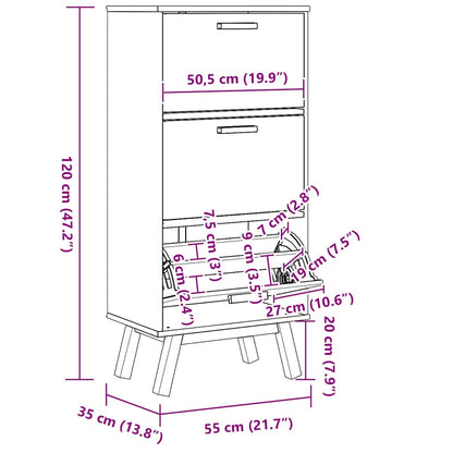 Skoskap Skohylle Skobenk Grå Brun OLDEN 55x35x120 cm heltre furu