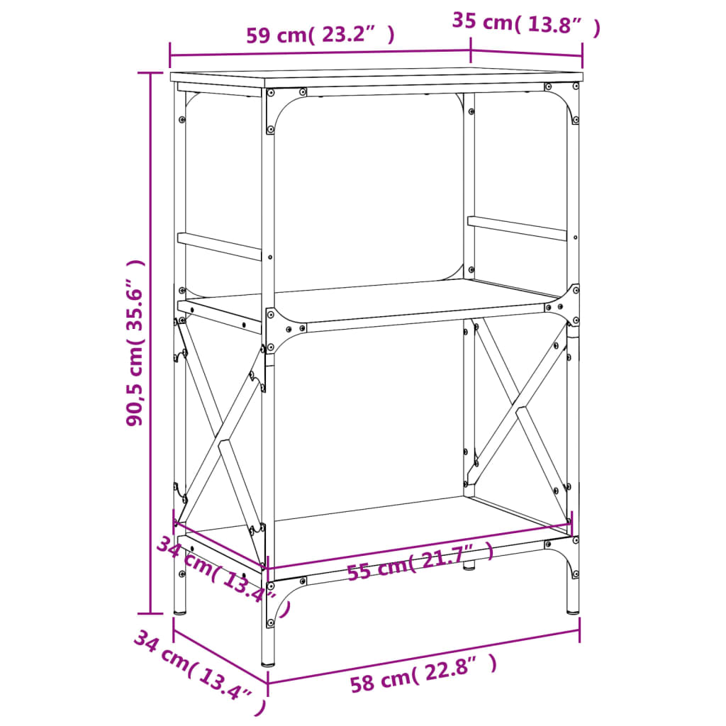 Bokhylle 3 etasjer svart 59x35x90,5 cm konstruert tre