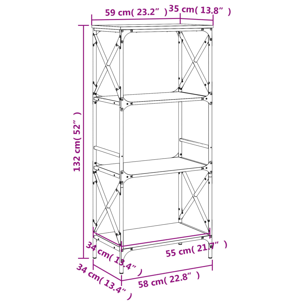 Bokhylle 4 etasjer sonoma eik 59x35x132 cm konstruert tre