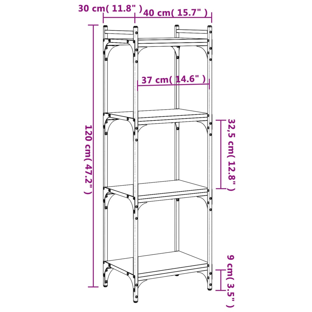 Bokhylle 4 etasjer sonoma eik 40x30x120 cm konstruert tre