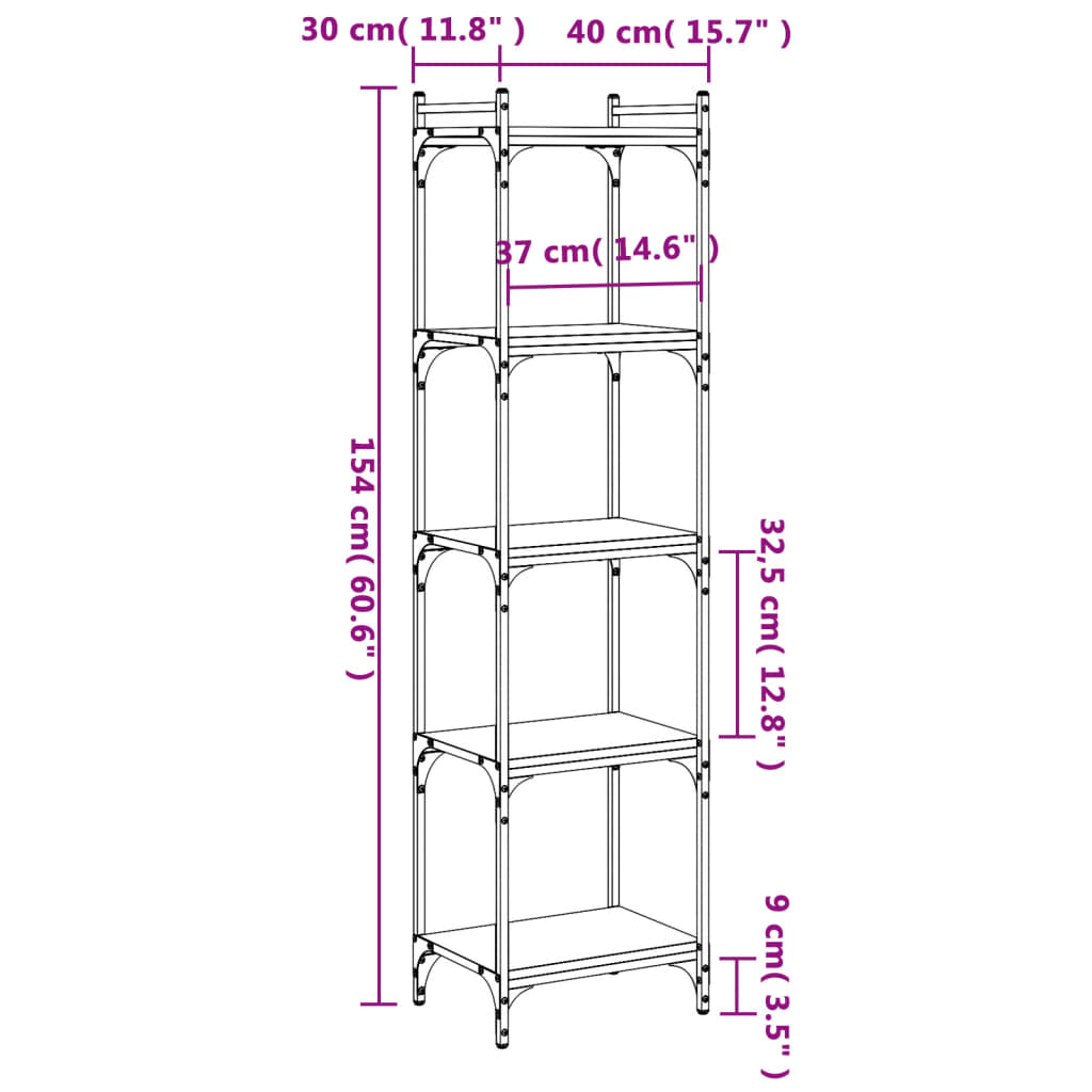 Bokhylle 5 etasjer sonoma eik 40x30x154 cm konstruert tre