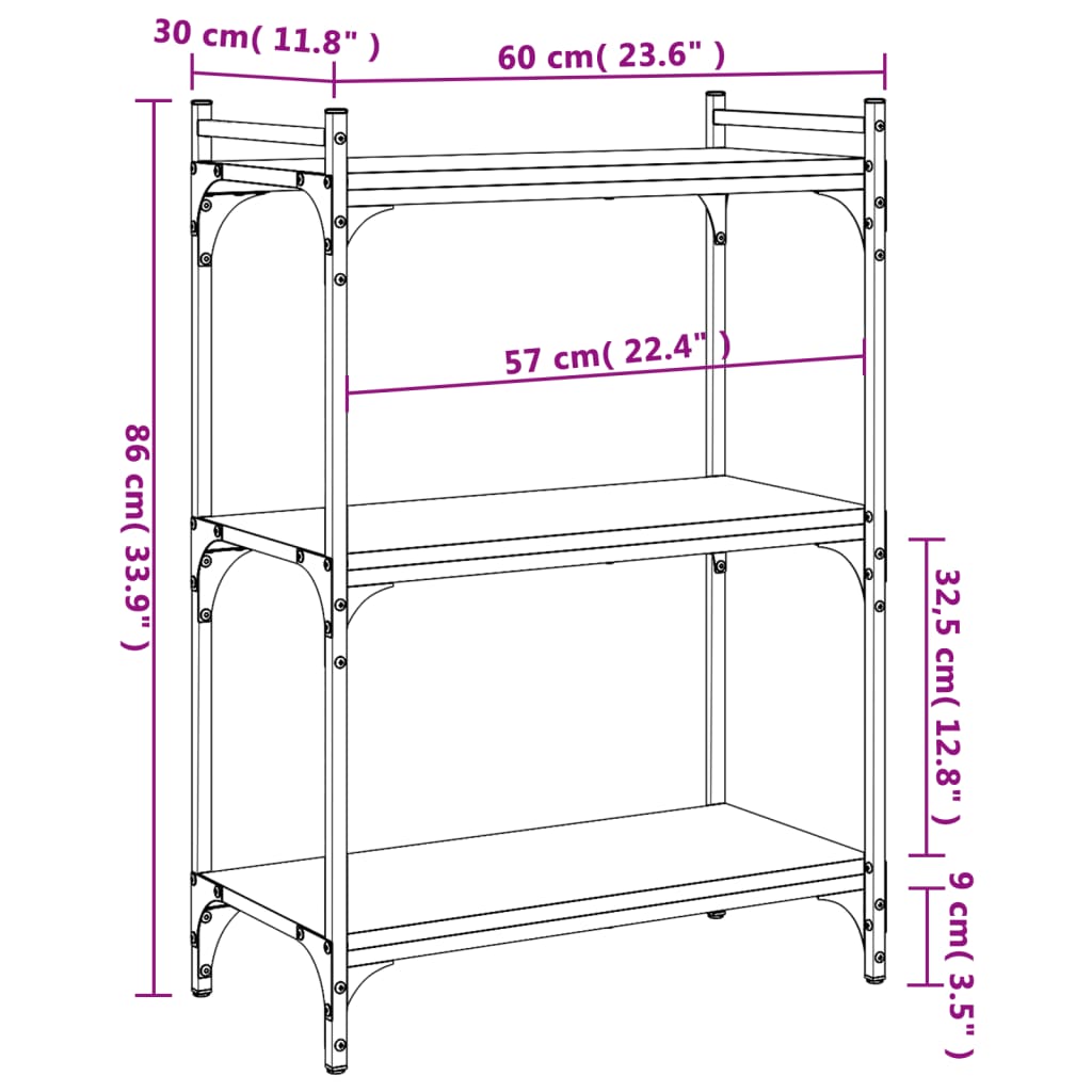 Bokhylle 3 etasjer svart 60x30x86 cm konstruert tre