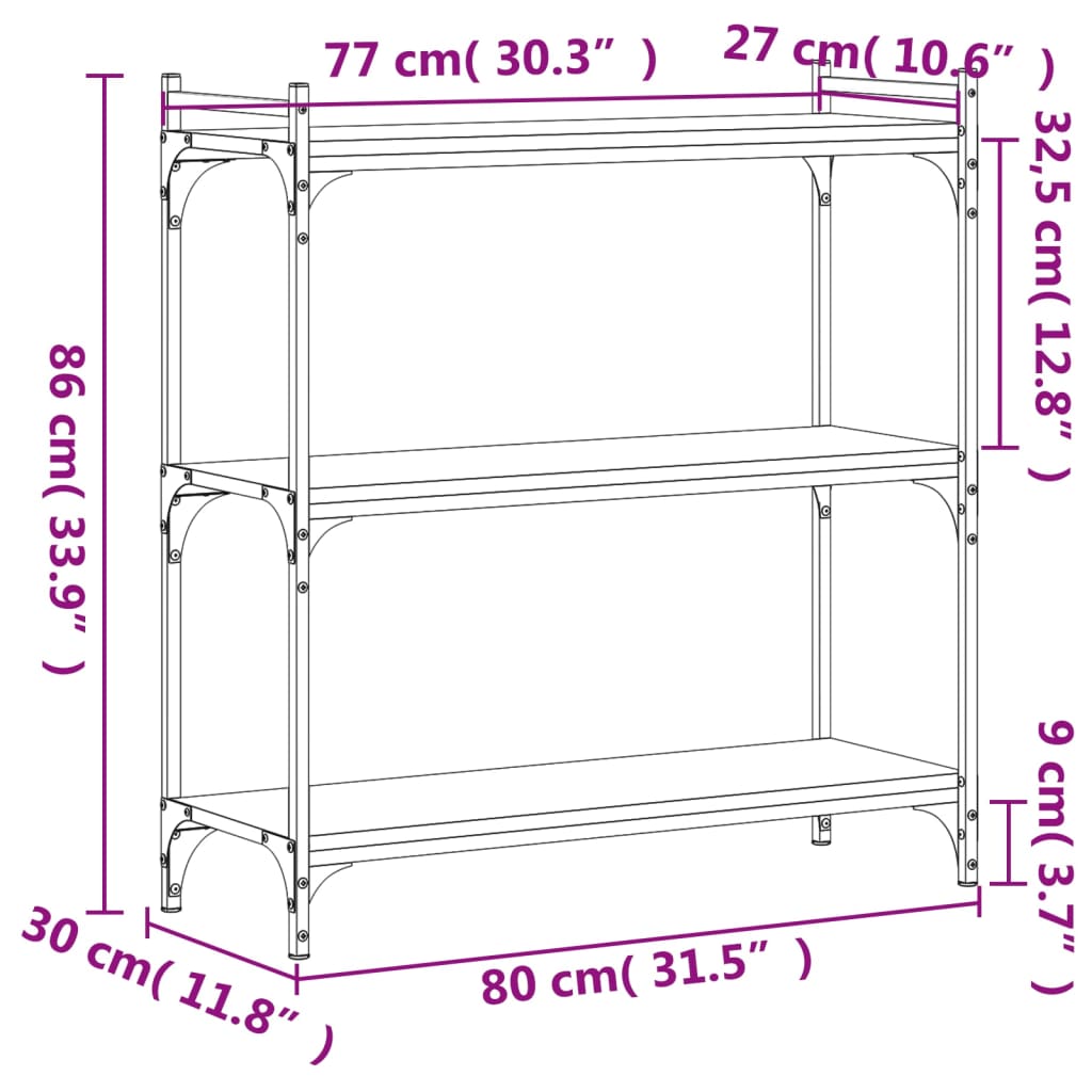 Bokhylle 3 etasjer svart 80x30x86 cm konstruert tre