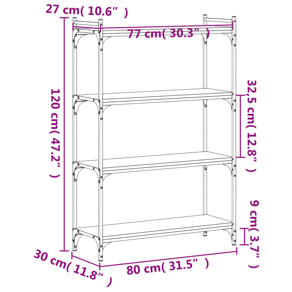 Bokhylle 4 etasjer svart 80x30x120 cm konstruert tre