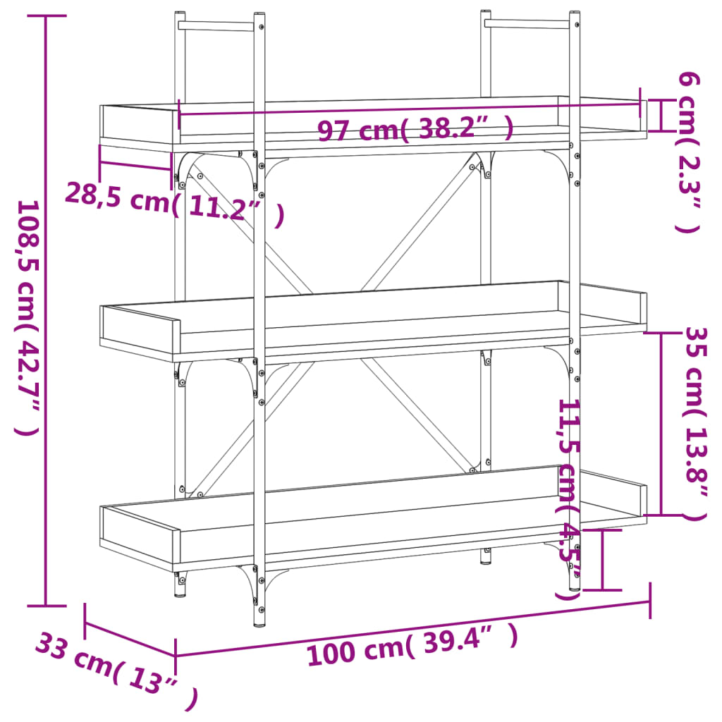 Bokhylle 3 etasjer svart 100x33x108,5 cm konstruert tre