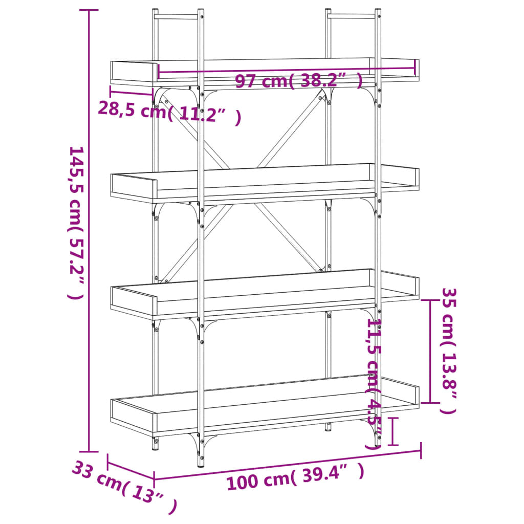 Bokhylle 4 etasjer sonoma eik 100x33x145,5 cm konstruert tre