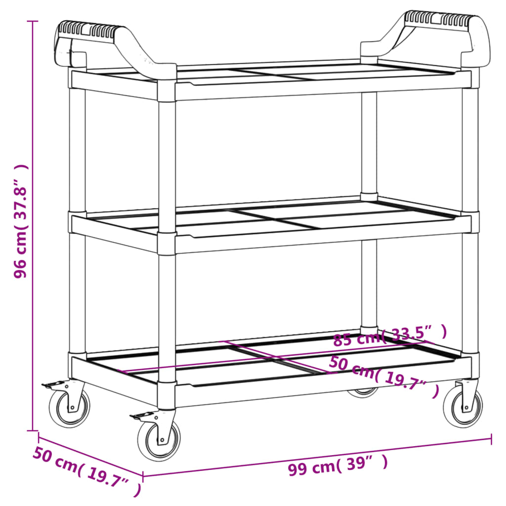 Serveringsvogn Tralle 3 hyller svart 99x50x96 cm aluminium