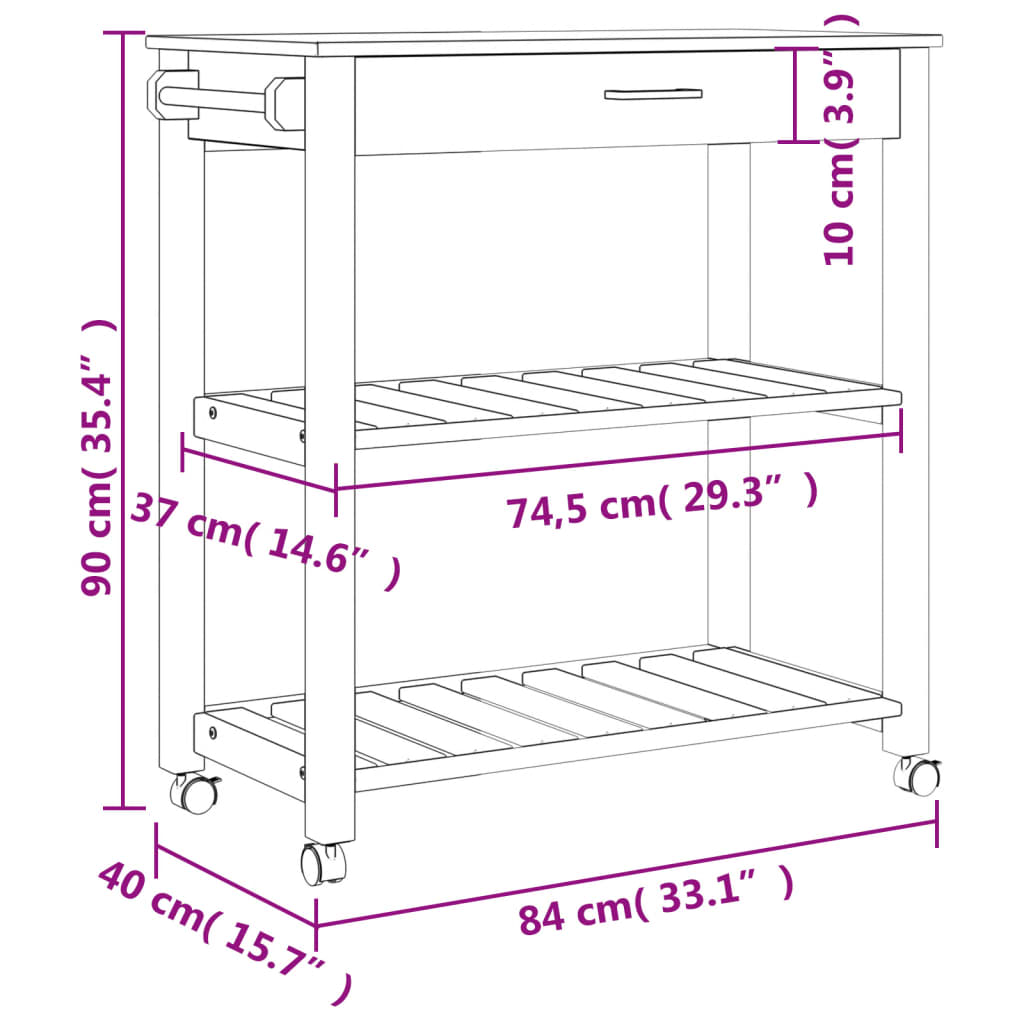 Serveringsvogn Kjøkkenvogn MONZA 84x40x90 cm heltre furu