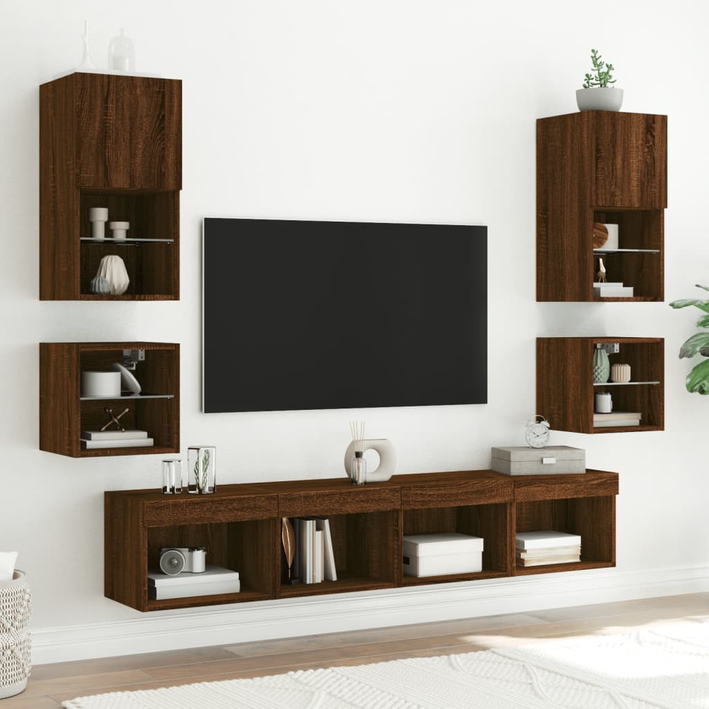 TV-benk Vegghengt med LED brun eik 30x28,5x30 cm