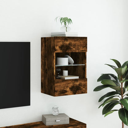 TV-benk Vegghengt med LED-lys røkt eik 40x30x60,5 cm