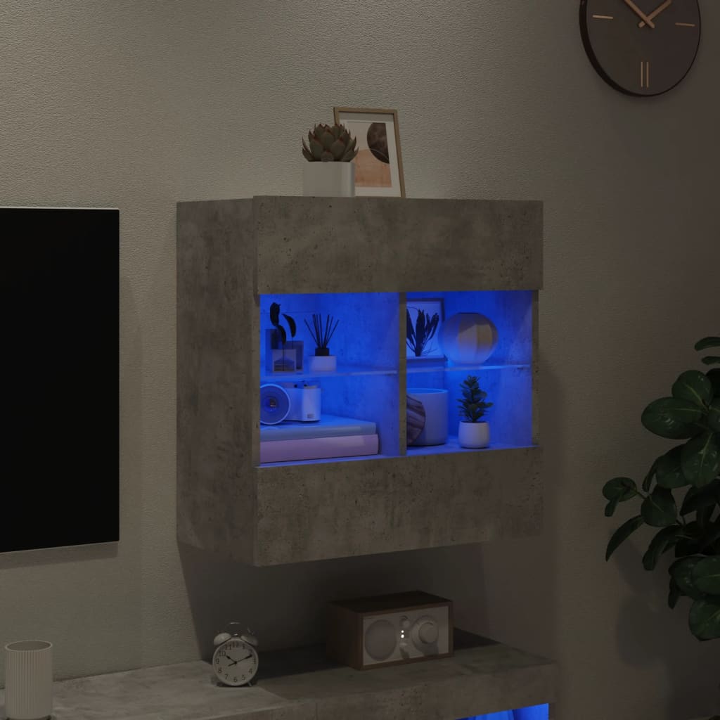 TV-benk Vegghengt med LED-lys betonggrå 58,5x30x60,5 cm