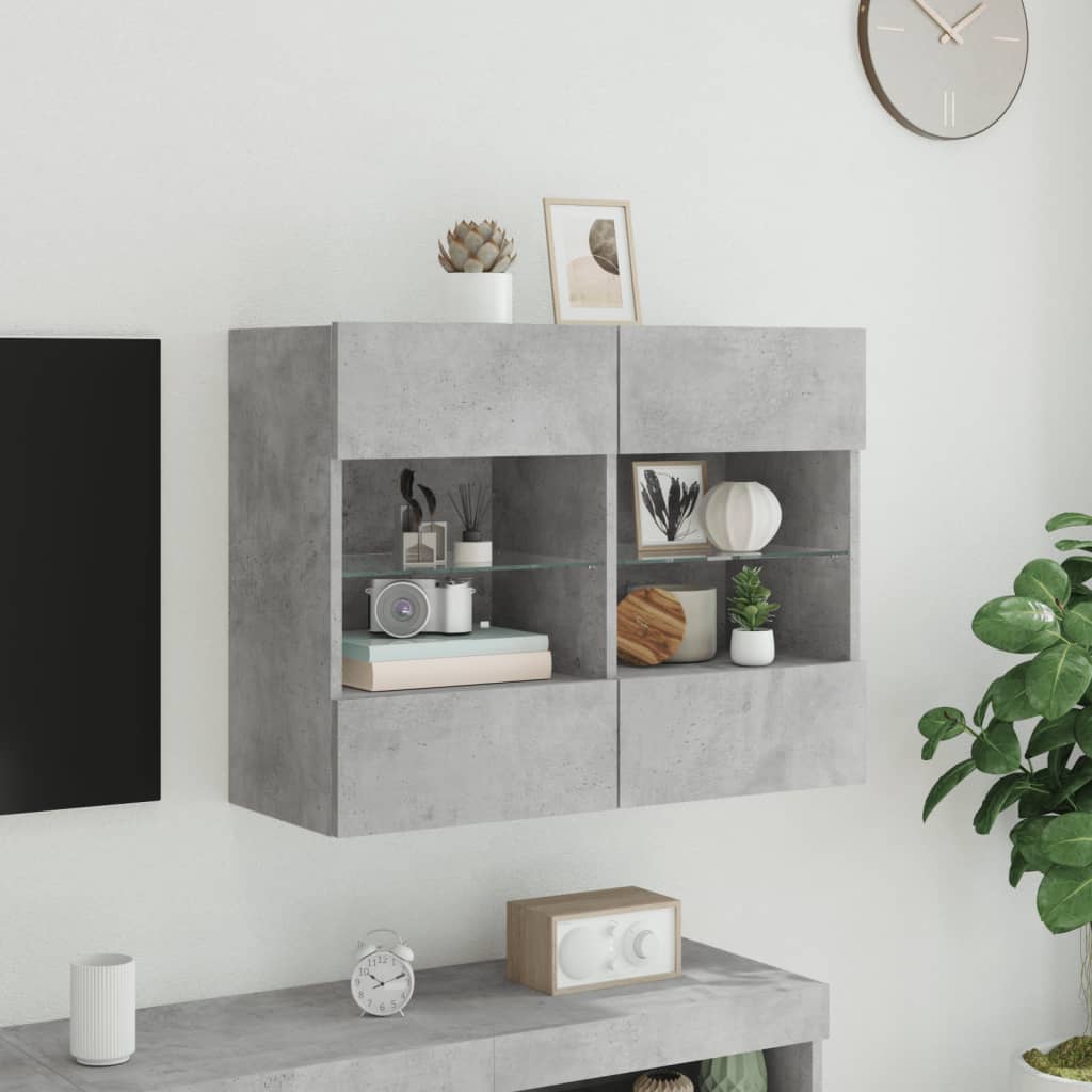 TV-benk Vegghengt med LED-lys betonggrå 78,5x30x60,5 cm