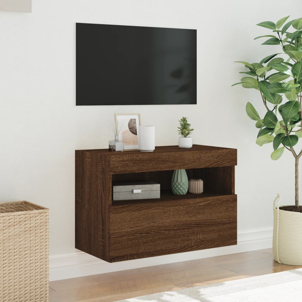 TV-benk Vegghengt med LED brun eik 60x30x40 cm