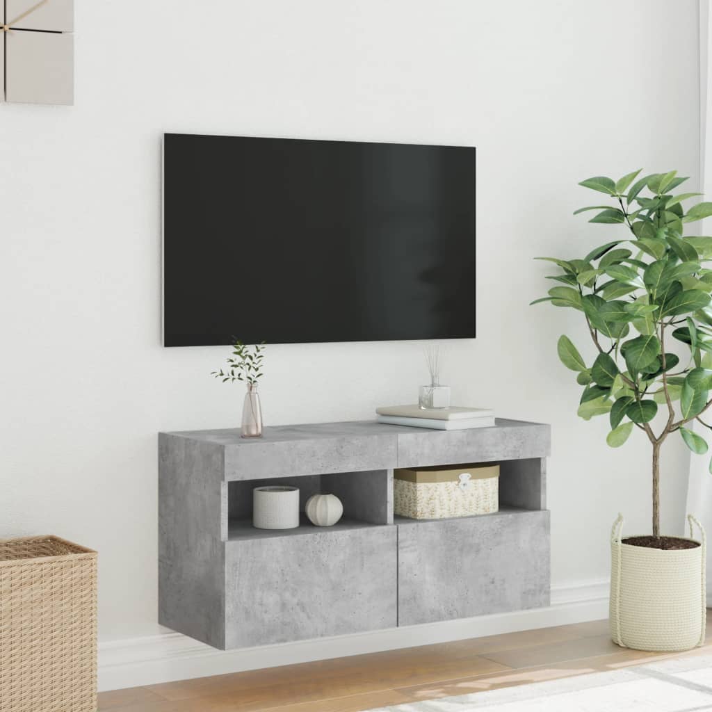 TV-Møbel Betonggrå Vegghengt TV-benk med LED-lys 80x30x40 cm