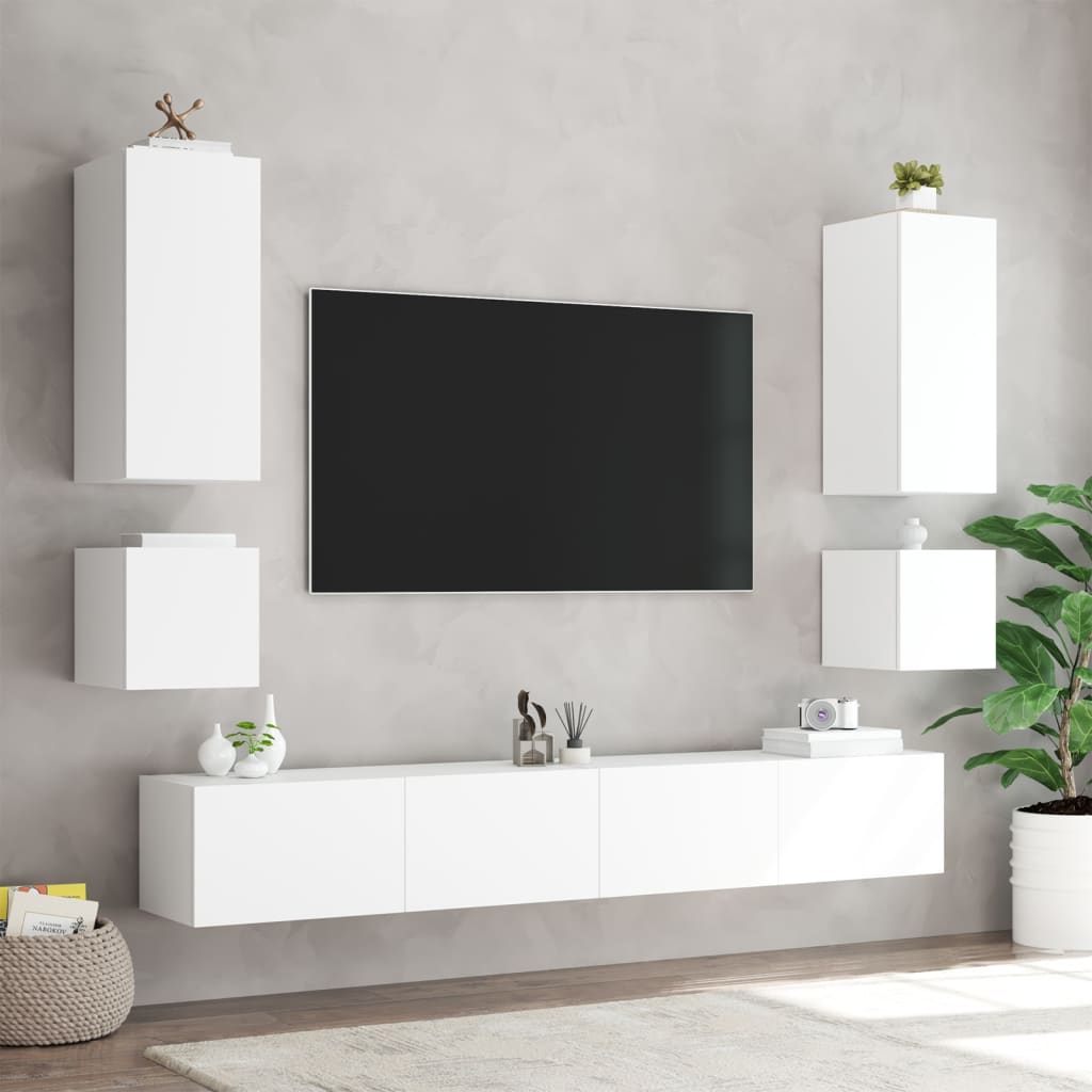 TV-benk Vegghengt med LED hvit 40,5x35x40 cm