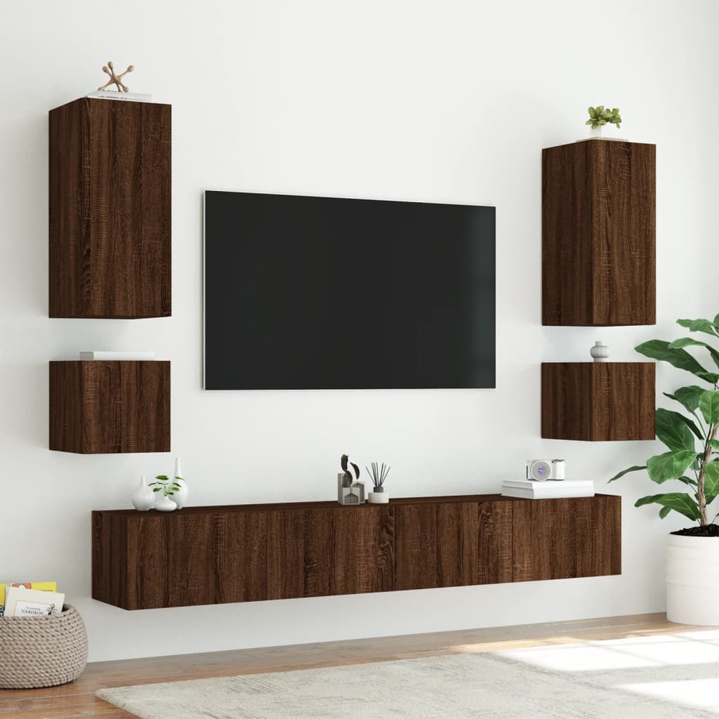 TV-benk Vegghengt med LED brun eik 40,5x35x40 cm