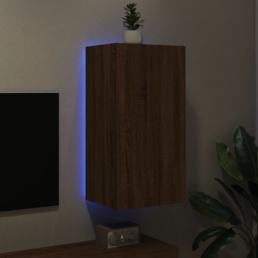 TV-benk Vegghengt med LED brun eik 40,5x35x80 cm