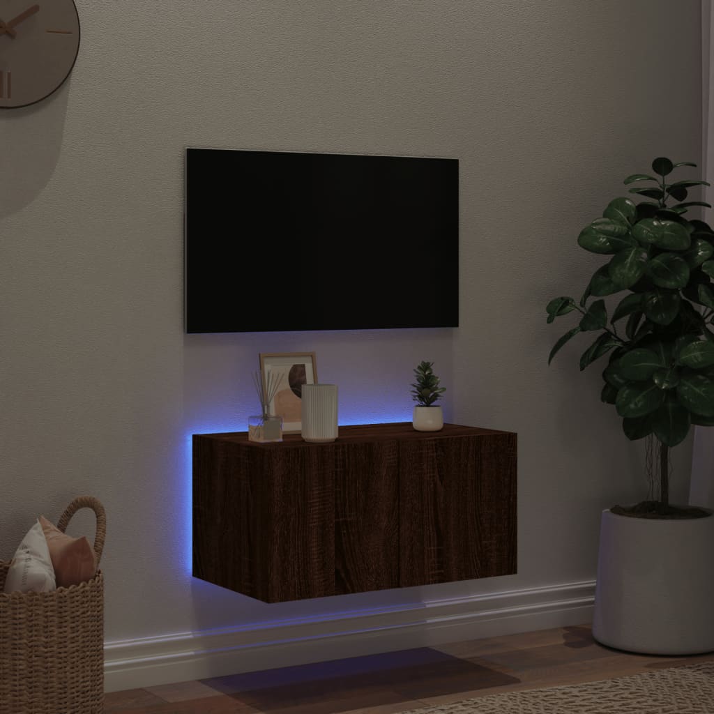 TV-benk Vegghengt med LED brun eik 60x35x31 cm