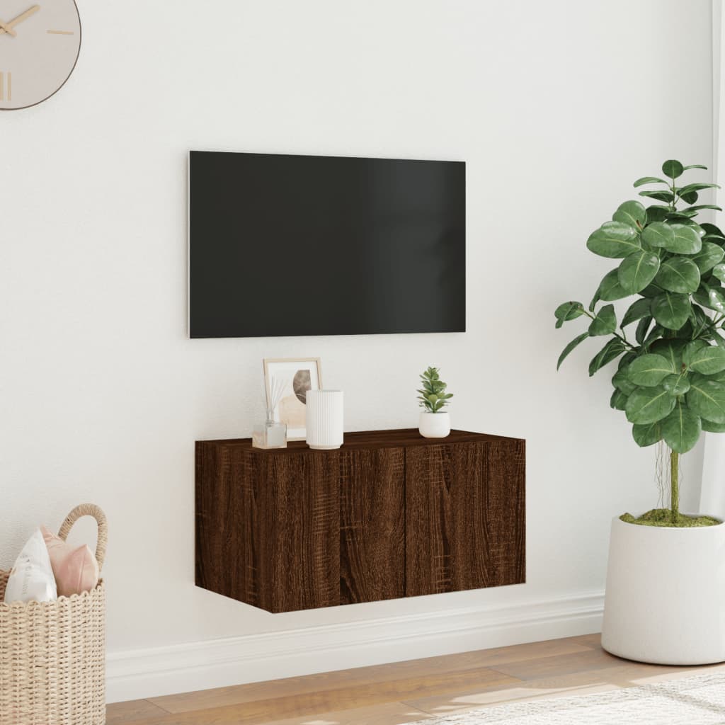 TV-benk Vegghengt med LED brun eik 60x35x31 cm